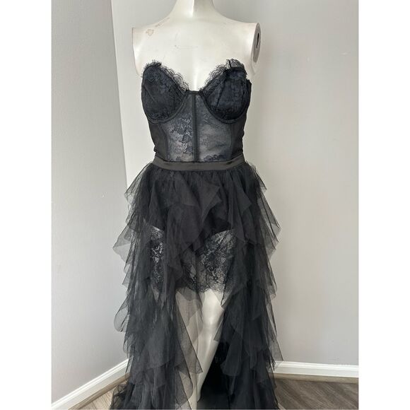 NWT For Love & Lemons Womens Strapless Sheer Tulle Bustier Gown Black Large $359 - Picture 6 of 11